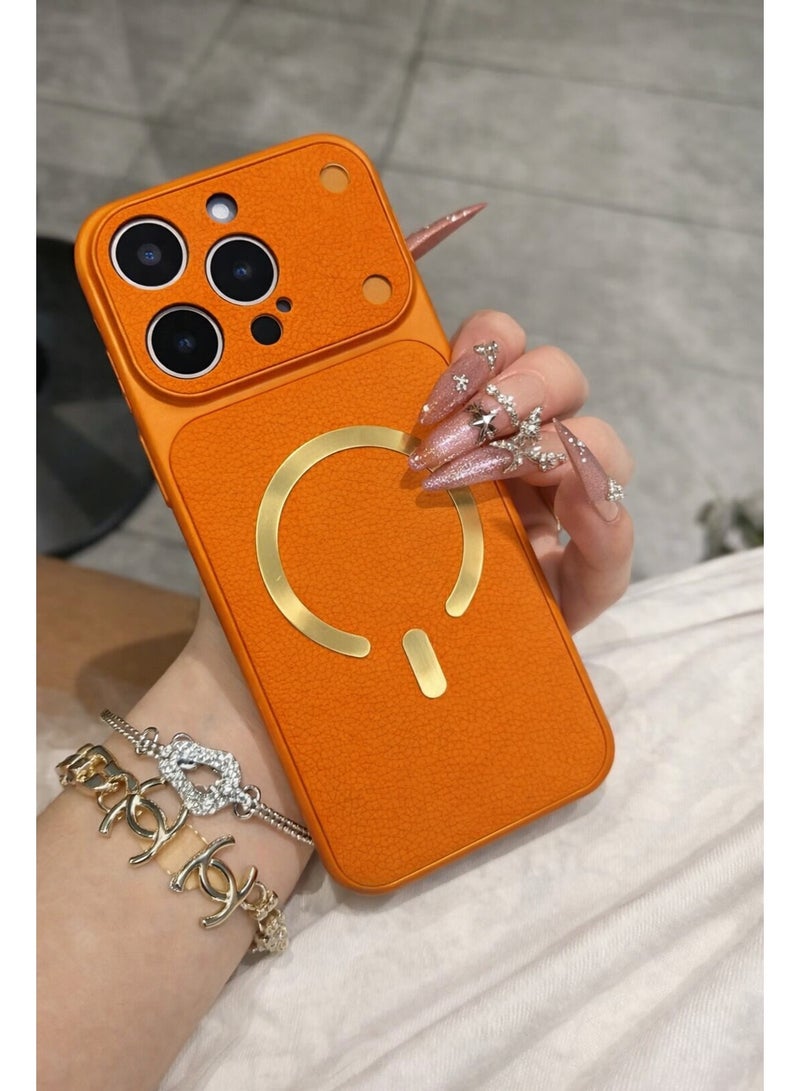 iPhone 16 Pro Max Luxury Magnetic Wireless Charging Case – Premium Orange Leather-Style Texture, Slim Fit, Raised Camera Protection - Image 1